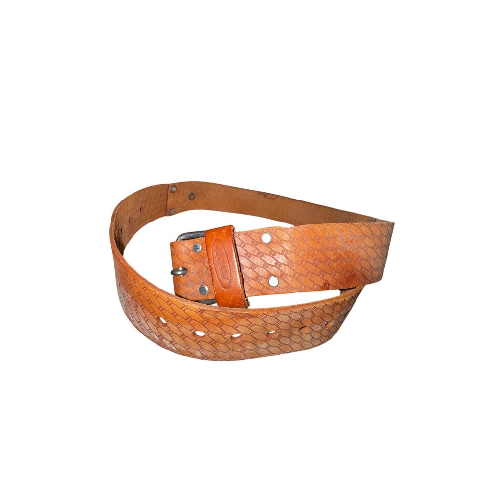 Men’s AWP Saddle Leather Belt 48” Made‎ in Mexico Western Tooled Buckle